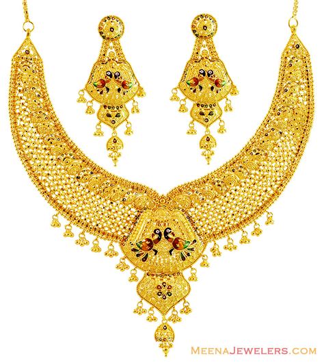 Traditional Peacock 22k Gold Set Stbr14317 22k Fancy Yellow Gold Necklace And Earrings Set