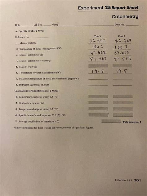 Solved Experiment 25 Report Sheet Calorimetry Date Lab Sec Chegg