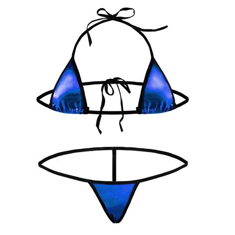 BUYISI Sexy Women Thong G String Bra Set Shiny Bikini Swimwear Lingerie Set Nightclub Dark Blue