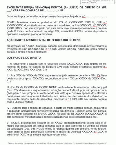 Modelo De Refer Ncia Para A O Cautelar Incidental De Sequestro De Bens