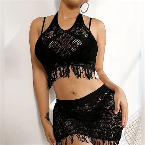 Intimates Sleepwear Nwtfloral Lace Lingerie Set Cut Out Haltertop Tassel Fishnet