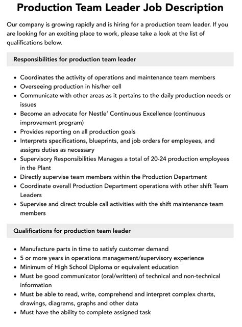 Production Team Leader Job Description Velvet Jobs