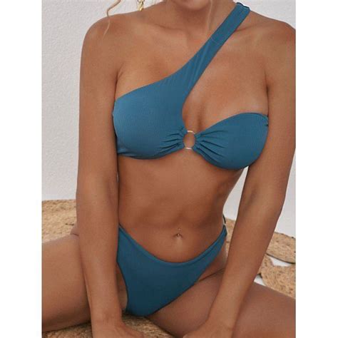 Zaful One Shoulder O Ring Ribbed Bikini Swimwear M Deep Blue Artofit