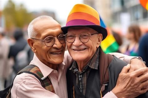 Premium Photo Two Senior Gay Lovers Hugging On Lgbt Parade