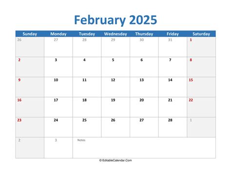 February 2025 calendar printable word