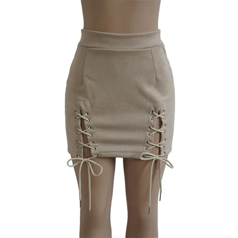 Sex Women Pencil Skirt 2018 Fashion High Waist Bandage Mini Skirts Suede Leather Lace Up Women