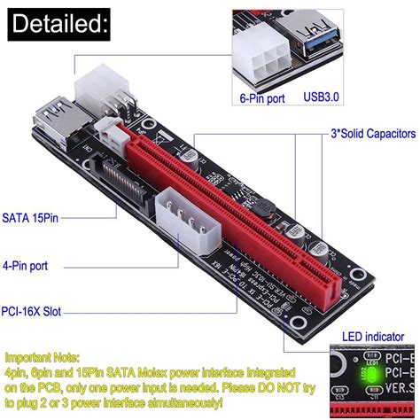 4pin 6pin SATA Power PCI Express 1x To 16X Riser Extender Card For