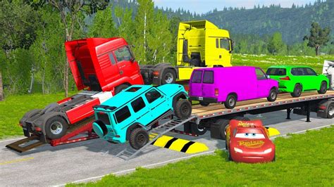 Double Flatbed Trailer Truck Vs Speedbumps Train Vs Cars Tractor Vs