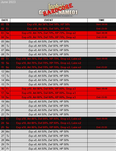 Hardcore Server Calendar Event Exp June Events
