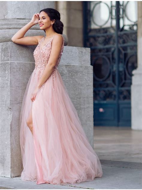 Robe longue en tulle et bustier à strass Rose pâle Anne Sophie