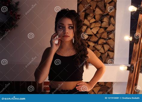 Pretty Brunette Poses In Studio With Fireplace Stock Image Image Of Glamour Girl 121910081