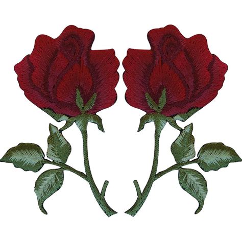 Pair Of Red Roses Patches Iron On Sew On Embroidered Rose Flower Pat