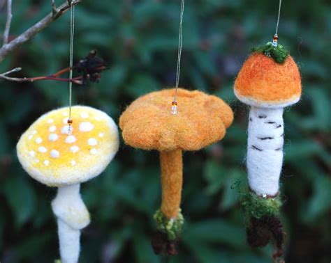 Needle Felted Mushroom Ornaments Set Of Three Assorted Etsy