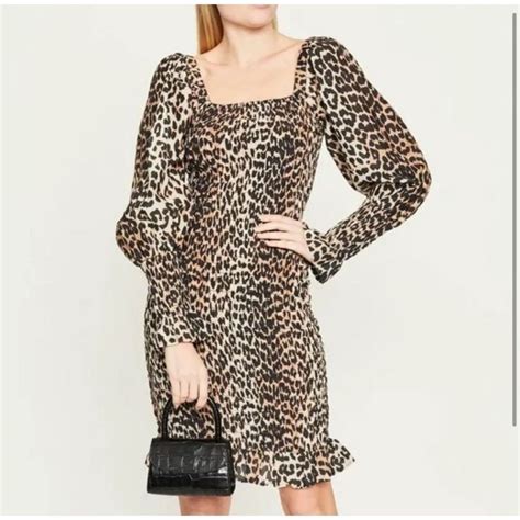 Ganni Leopard Print Smocked Puff Sleeve Long Sleeve M… Gem