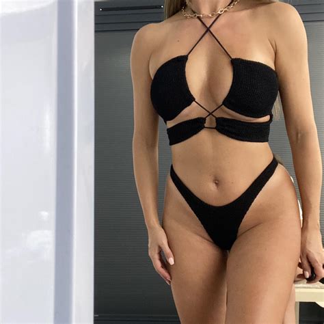 Black Crinkle Bikini Cut Out Drawstring Top With Depop