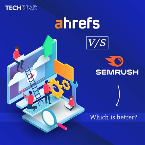 Two People Are Working On An Open Laptop With The Words Ahrefs Versus