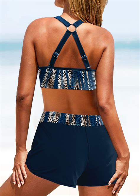 Mid Waisted Leopard Patchwork Peacock Blue Bikini Set Rosewe