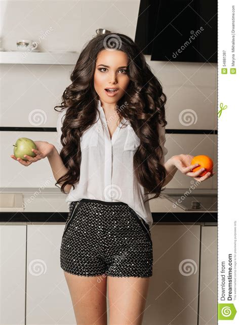 Beautiful Girl Long Hair In The Kitchen With Stock Image Image Of Brunette Cute