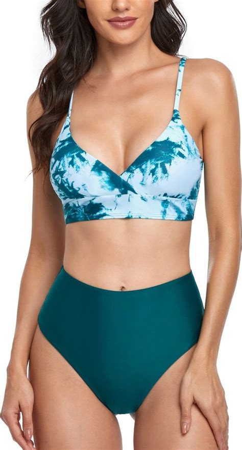 Greensen Two Piece Women Split Bikini Tie Set Dye Print Triangle Wide Underbust Bathing Suit