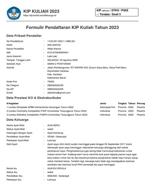 Contoh Formulir Pendaftaran KIP Kuliah | PDF