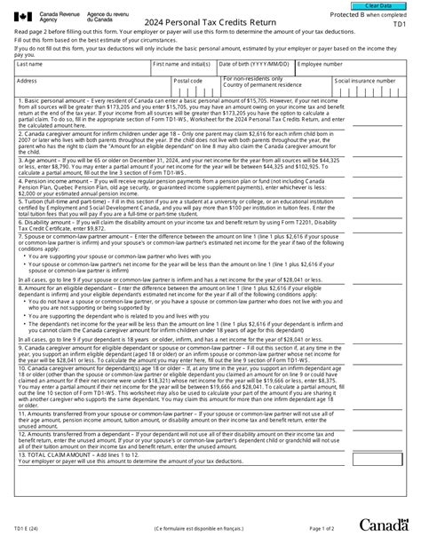 Form Td1 Download Fillable Pdf Or Fill Online Personal Tax Credits