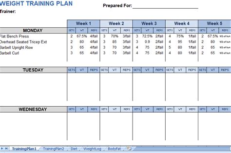 Weight Training Plan excel template for free