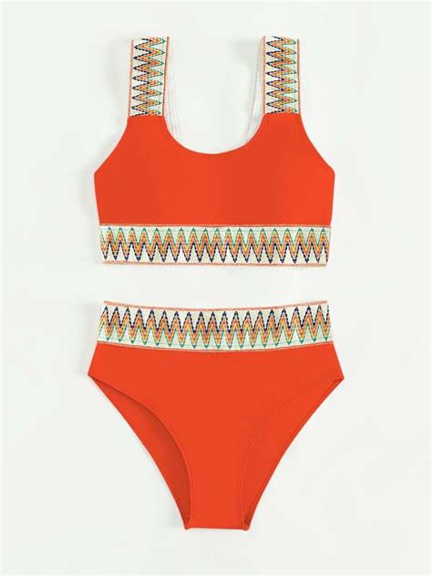 SHEIN Chicas adolescentes Bañador bikini de cheurón cinta Moda de Mujer SHEIN México