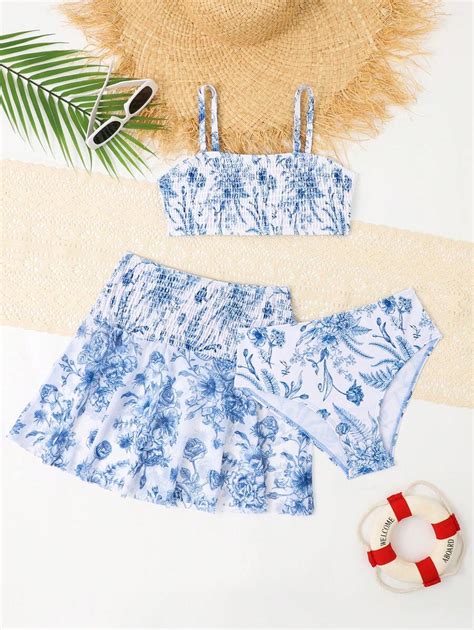 Shein Conjunto De Bikini De Tres Piezas Con Estampado De Flores Para Ni A Preadolescente Para