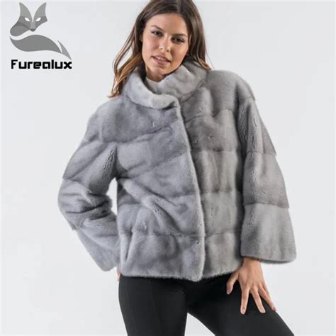 Furealux, настоящая норковая Меховая куртка, стоячий воротник, короткие ...