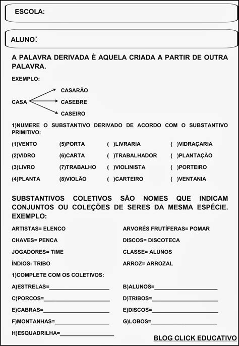 Atividades Sobre Substantivos Primitivos E Derivados Com Gabarito
