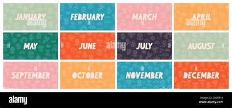 Set of postcards with 12 months of the year. January, February, March
