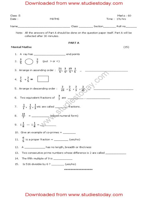 Cbse Class 5 Mathematics Sample Paper Set F Pdf Elementary