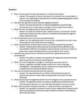 Checks Balances Reading Comprehension Passage Questions Tpt