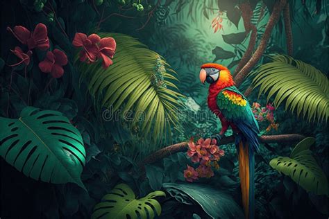 Green Tropical Jungle With Colourful Macaw Bird Stock Illustration