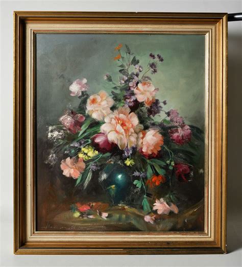 Vintage Still Life Oil Painting On Canvas Flowers In Vase Signed Modernism Painting Art