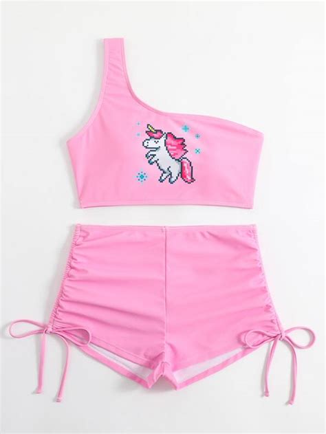 SHEIN SHEIN Swim HotGoth Unicorn Print One Shoulder Shorts Bikini Swimsuit SHEIN USA