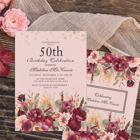 Pink Burgundy Floral Gold Glitter 50th Birthday Invitation Zazzle