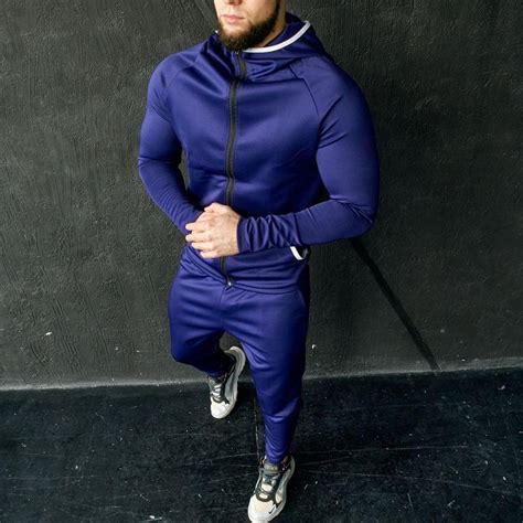 Мужской спортивный костюм дайвинг синий приталенный с капюшоном ...