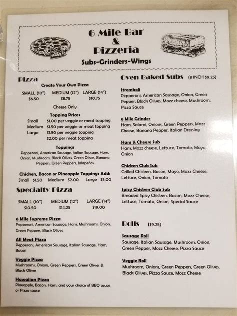 Menu At 6 Mile Bar And Pizzeria Fort Wayne