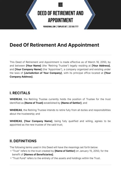 Free Deed Of Retirement And Appointment Template Edit Online