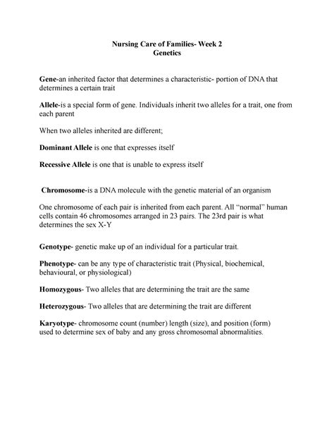 Nursing Care of Families- Genetics - Nursing Care of Families- Week 2