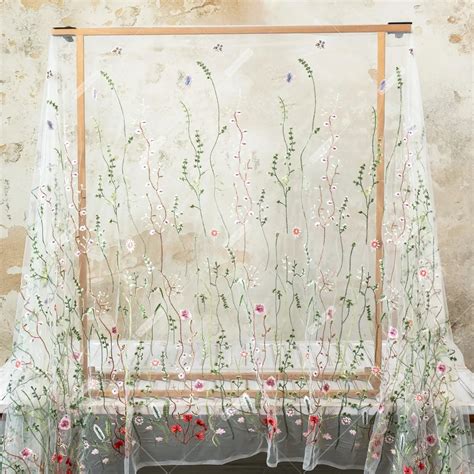 Natural Plant Floral Embroidery Nude Mesh Fabric Oneyard