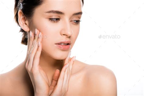 Beautiful Nude Brunette Woman Touching Face Isolated On White Stock Photo By Lightfieldstudios