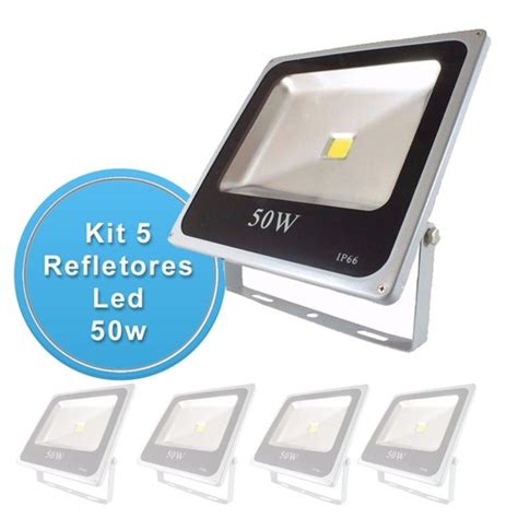 Kit 5 Refletor 50w Super Led Holofote Bivolt Slim Branco Frio Submarino