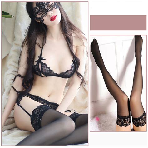 Jual Lingerie Sexy Renda Open Crotch G String Bra Transparan Garter Belt Dan Stoking 3T06