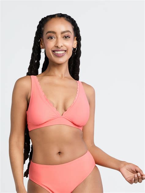 Time And Tru Women S Scalloped Bikini Top S 3X Plunge V Neck Longline Swim Top Walmart