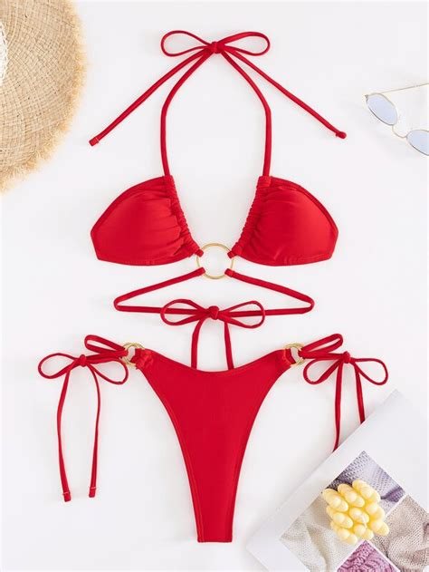 De Mujeres Ba Ador Dos Piezas Set Con Con Abertura Dise O Con Dorado Anillos Ba Ador Bikini