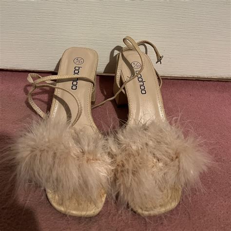 Light Pink Nude Suede Block Heels With Fluffy Strap Depop