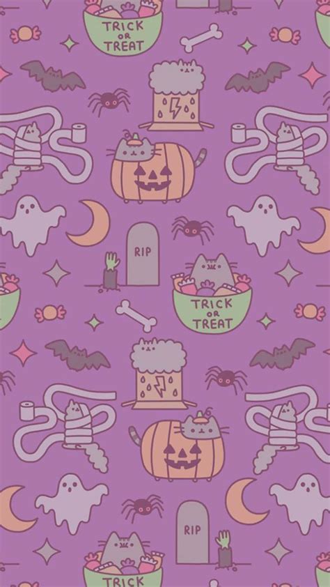 Download Aesthetic Cute Halloween Pusheen Purple Wallpaper