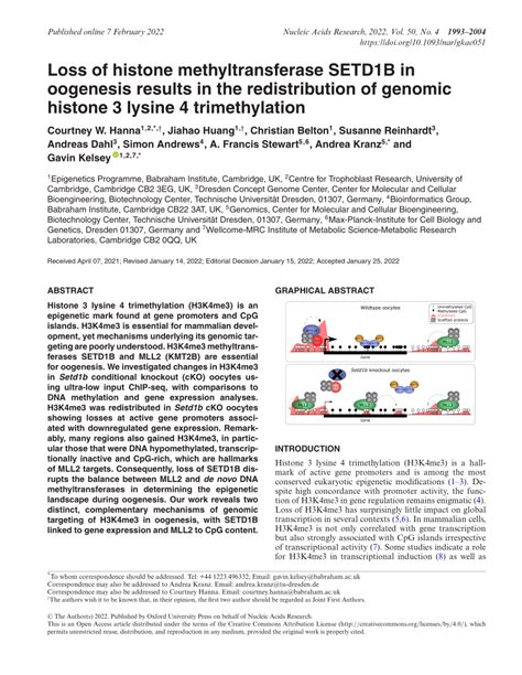 PDF Loss Of Histone Methyltransferase SETD1B In Oogenesis Results In